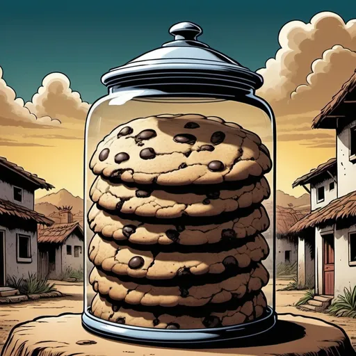 Prompt: Giant cookie jar, South American village background detailed, dark colors, dramatic, graphic novel illustration,  2d shaded retro comic book