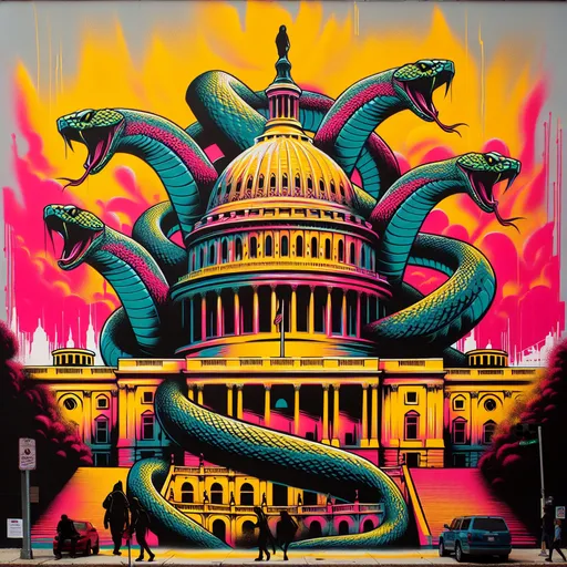 Prompt: (Banksy-inspired art), vibrant street art style, snakes attacking the US capitol 