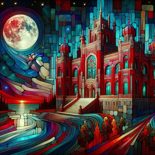 Prompt: <mymodel> Fabulous red castle, moonlit scene, art deco, contrasting colors, cubism, marbled effect, stained glass, detailed, elaborate, colorful, fantasy landscape, highres, moonlight, art deco, cubism, marbled effect, stained glass, fantasy, detailed, elaborate, professional, contrasting colors