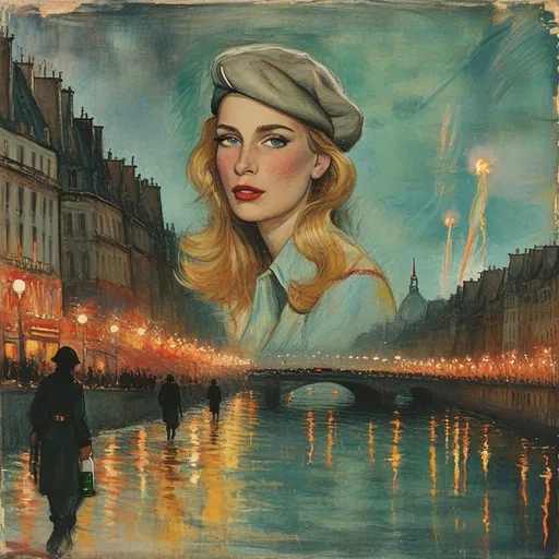 Prompt: (Abstract impressionistic colored ink drawing ), vibrant color scheme, (1941  Paris), shadowy streets at night with German tank in distance , soldiers in background, tattered French flag, portrait of a wavy blonde green eyed woman in fashionable boots drunkenly walking along the Seine river with a bottle of wine  (highly detailed facial features) search lights streaking through a tumultuous sky, vivid explosions lighting the dark atmosphere, bombed and ruined structures surrounding the scene, (dramatic), chaotic ambiance, high contrast between shadow and colorful explosions, (ultra-detailed), evocative imagery, sense of urgency and dread.