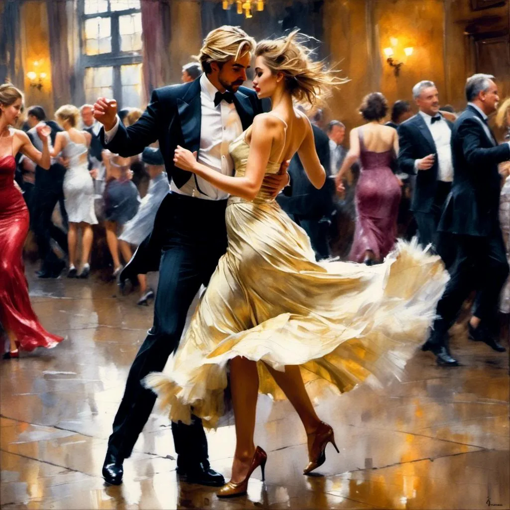 Prompt: <mymodel>Attractive drunken man and woman emotionally react drunken awkward crazy while dancing, watercolor , romantic setting, warm and soft lighting, detailed facial features, flowing elegant movement, high quality, emotional,  detailed faces, elegant, warm lighting in style of Steve hanks