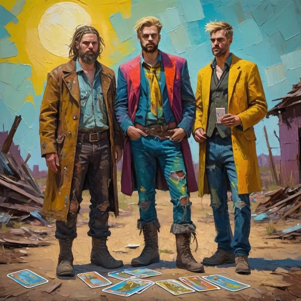 Prompt: Impressionistic thick impasto oil illustration of an imposing but friendly co-ed regal trio dressed in crazy color post-apocalyptic fashion, full body shot, large palette-knife strokes, tarot card style, high quality, thick impasto, oil illustration, post-apocalyptic, detailed crazy colors, full body shot, stunning blonde, handsome men, ruined landscape, distressed buildings, large palette-knife strokes, tarot card style, intense, professional lighting