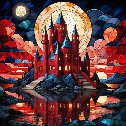 Prompt: Fabulous red castle, moonlit scene, art deco, contrasting colors, cubism, marbled effect, stained glass, detailed, elaborate, colorful, fantasy landscape, highres, moonlight, art deco, cubism, marbled effect, stained glass, fantasy, detailed, elaborate, professional, contrasting colors