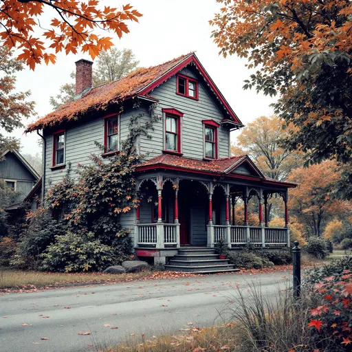 Prompt: Simple two-story gray house, worn and weathered, with red roof and red trim, overgrown foliage, fall colors, featuring a charming wraparound wood porch and elegant bow windows, surrounded by large leafy trees, set along the village two-lane blacktop Route 68 in Ohio, vibrant red and gray alcohol inks, warm natural tones, serene countryside ambiance, ultra-detailed with intricate textures, inviting and cozy atmosphere.