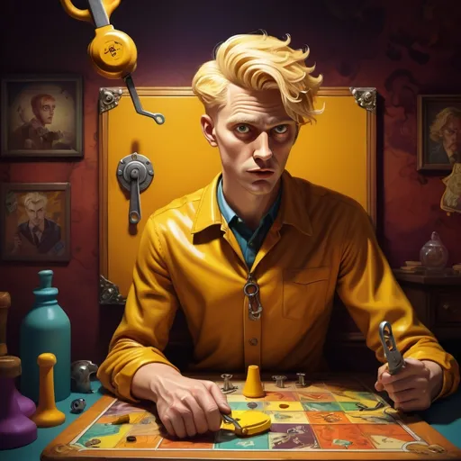 Prompt: The board game called “Clue” : blond man dressed as Colored Mustard holds a wrench. surreal board game based on "Clue", vibrant color tones, dramatic lighting, intense and chaotic atmosphere, detailed character expressions,  intricate game board background, whimsical and trippy elements, high level of detail, 4K, ultra-detailed faces, 2D illustration, trending on artstation