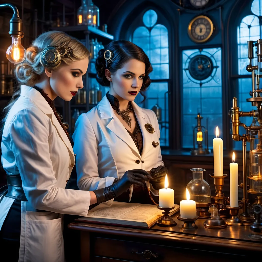 Prompt: Steampunk-style 1920s scientific laboratory, two pretty but serious women in lab coats work by candlelit ambiance, steampunk equipment, blue glowing steampunk cabinets, atmospheric lighting, detailed steampunk design, cover girl UHD woman facial features, vintage 1920s color palette, high quality, steampunk, laboratory setting, eerie atmosphere, detailed scientific equipment, antique aesthetic, gothic, mysterious ambiance, vintage candlelight