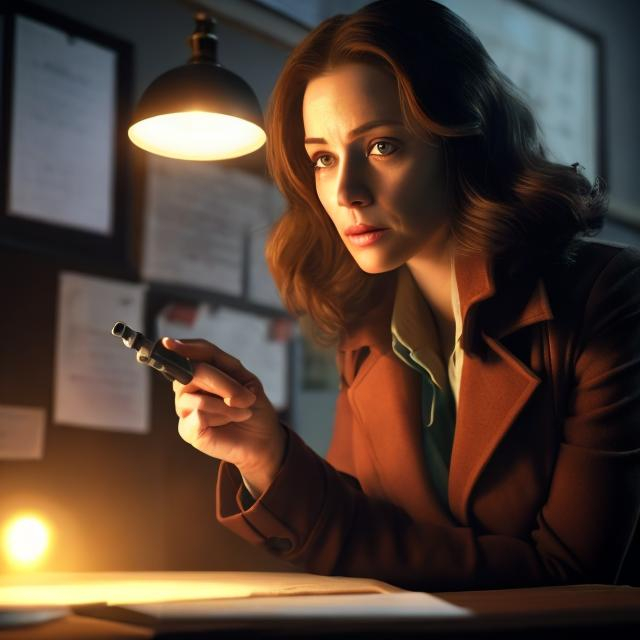 Prompt: Woman detective examining mystery clues