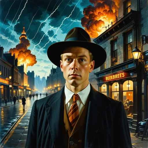 Prompt: (surrealism style mid waist portrait ), vibrant color scheme, (1941 London), shadowy streets at night, mid waist portrait of a tall blonde worried man in hat (highly detailed facial features) outside a quaint pub, search lights streaking through a tumultuous sky, vivid explosions lighting the dark atmosphere, bombed and ruined structures surrounding the scene, (dramatic), chaotic ambiance, high contrast between shadow and colorful explosions, (ultra-detailed), evocative imagery, sense of urgency and dread.