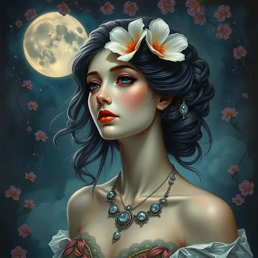 Prompt: (woman with a flower in her hair), (necklace around her neck), (moon in the background), (fantasy art), (highly detailed), (art deco painting), enchanting colors, lush textures, intricate designs, dreamy atmosphere, magical lighting, ethereal glow, 4K quality, rich detail, whimsical feel, captivating composition.