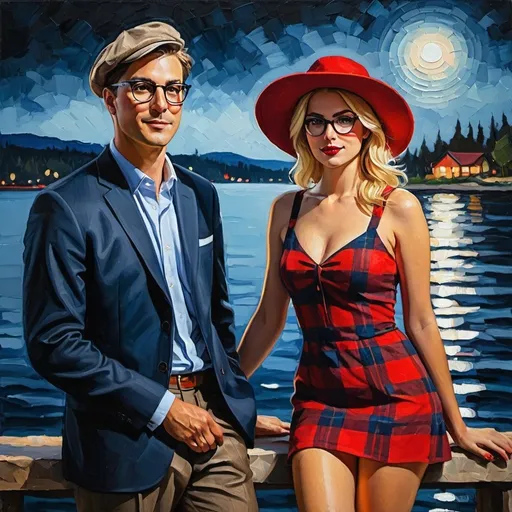 Prompt: Lakeside. Night. Thick impasto oil painting of a man with glasses, and a young blonde woman with red hat, 20s, woman with an alluring very short red plaid minidress, tights, bumpy paint strokes, high texture, realistic, vibrant colors, professional lighting, art quality, impasto, detailed features, dramatic shadows, expressive brushwork, textured layers, rich colors, realistic portrait, high quality