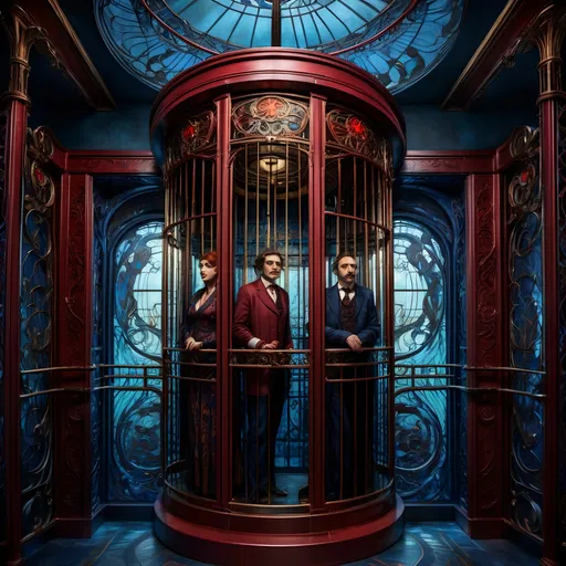 Prompt: (four people jammed into a European cage elevator), art nouveau style, expressionism, vibrant color scheme, dark red, blue, vibrant use of light and shadow, detailed facial features with intense expressions, melancholic atmosphere, intricate detailing on the elevator cage with elegant, curved lines, moody lighting creating strong contrast, ultra-detailed, high resolution, 4K quality, complex backgrounds with ornate architectural elements