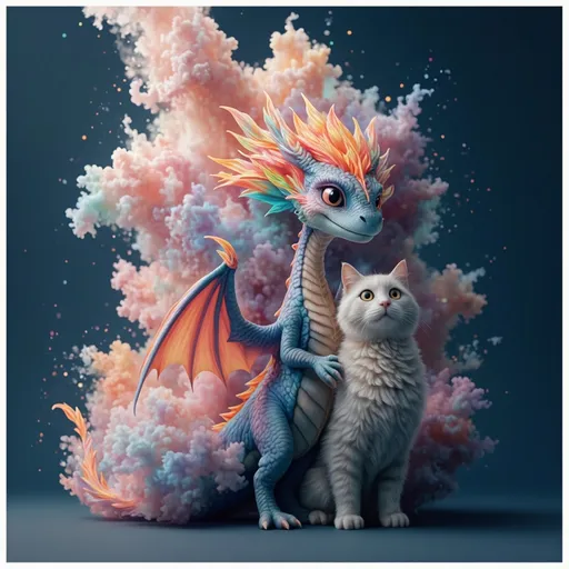 Prompt: This is a digitally created, highly detailed and surreal photograph of a female Rainbow cartoony dragon spreading dragon wings standing against a solid dark blue background. The central figure is a rainbow dragon. Beside the dragon is a big companion cat.

Surrounding the dragon is an ethereal, cloud-like explosion of pastel-colored fabric that seems to be made of the same material as her scales. The fabric swirls and billows around her, creating a dynamic and almost magical effect. The colors of the fabric range from soft pinks and oranges to gentle purples and blues, blending seamlessly into each other and adding a dreamy, otherworldly quality to the image. The textures of the fabric are soft and airy, contrasting with the smooth, solid background. The overall style of the image is fantasy-like and reminiscent of a fairytale, with a focus on delicate, flowing elements and a soft, pastel color palette.