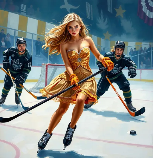 Prompt: 22-year-old slender pretty flaxen hair woman (wearing ornate figure skating dress) on the ice scoring a goal, other players and goalie, , full body shot, holding a hockey stick, thick impasto oil illustration, large palette-knife strokes, tarot card style with hockey puck theme, impressionistic, high quality, thick oil paint, detailed figure skating clothes, hockey stick, vibrant silver and gold tones, artistic, professional lighting