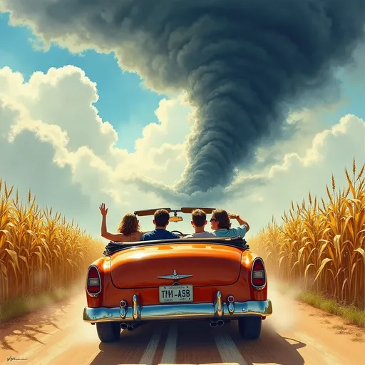 Prompt: (vibrant watercolor style), Four people, sitting in a (rustic vintage convertible car), (detailed expressions of excitement and fear), cornfields on either side of the open road, dynamic motion as the car speeds forward, looming (huge menacing tornado) in the distance, dramatic sky with swirling clouds, (highly textured details), atmospheric tension, warm golden and cool blue tones blending, (ultra-detailed), capturing a fleeting moment of imminent danger and adventure.