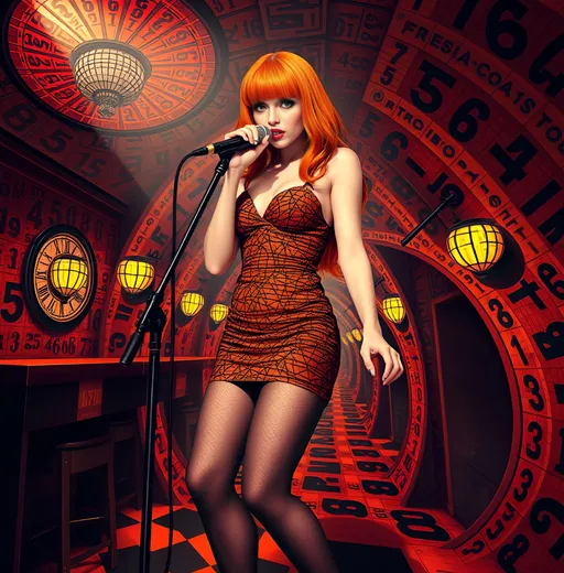 Prompt: (surrealism style), vibrant colors, (M.C. Escher-inspired) attractive (full body) orange bangs hair, blue eyes Caucasian female singer   (UHhD facial features) in (thigh-high tight minidress dress and dark sheer tights, high heels) singing into microphone featuring intricate geometric patterns and mind-bending perspectives, dynamic shadows and highlights, creating an illusion of depth, captivating nightclub ambiance, (ultra-detailed), emphasizing the contrast of the singer’s dress against the colorful and complex nightclub design, whirling orange  colors and black colors and numbers, inviting viewers to explore.