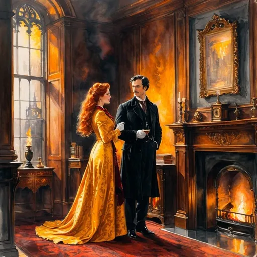 Prompt: Colored ink drawing. Two people, Sherloch Holmes and a woman both wear gloves, stand side by side. Slim woman with long ornate red hair in slim Edwardian dress. Sherlock Holmes stands next to her in study, long robe,  red, gold, yellow,and black tones, standing at fireplace, London street through window, detailed facial features, realistic oil painting, detailed , vintage detective style, warm, moody lighting, classic literature,  detailed robe and fireplace, high quality, realistic, vintage, warm lighting