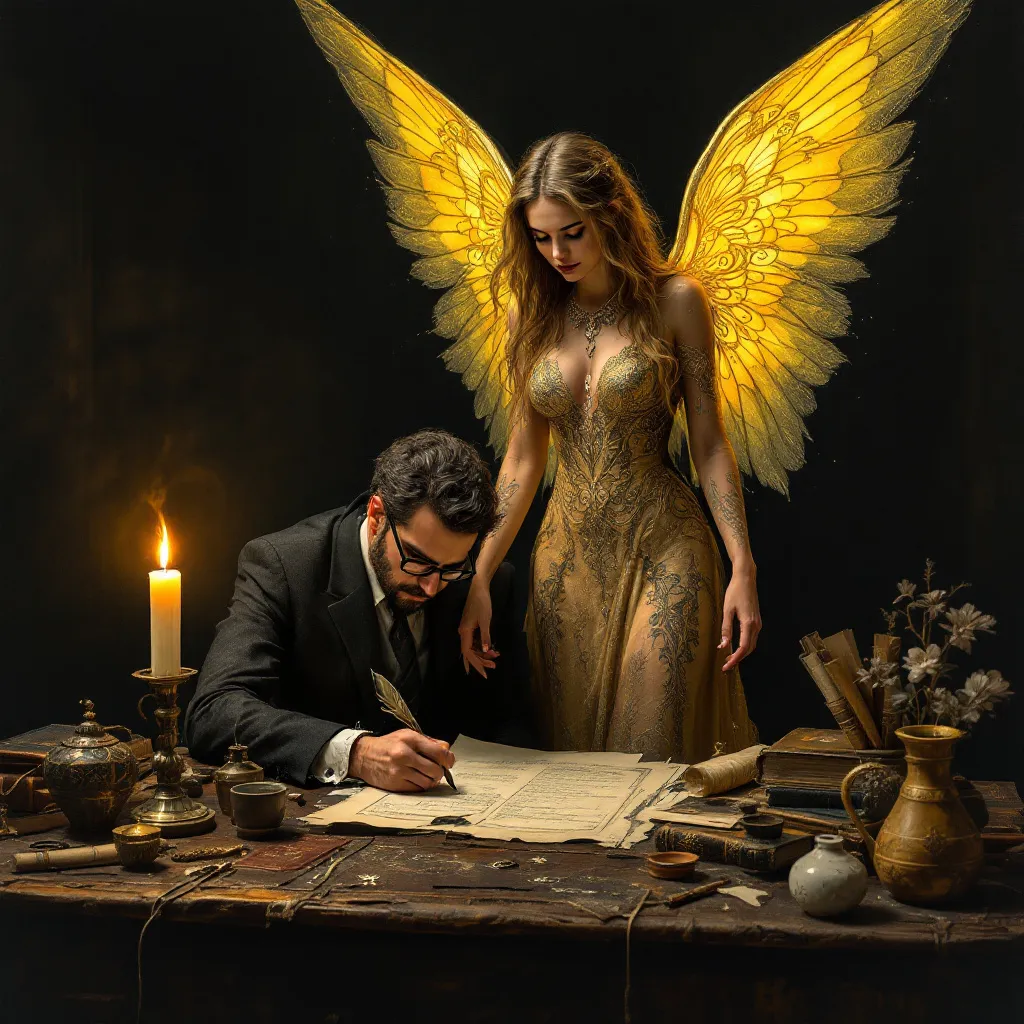 Prompt: A golden-winged figure, embodying a mystic aura, stands and leans gracefully over an aged wooden desk, a bureaucrat deeply engrossed in writing. Her intricate golden attire, adorned with ancient symbols, glimmers softly in the dim light of a solitary candle, casting flickering shadows that dance across the dark background filled with celestial elements. The serene expression on her face reflects concentration and a bureaucratic depth, as she holds a quill delicately, poised above an expansive parchment filled with text. Surrounding her, various vessels and coins share the space, hinting at a narrative steeped in mystery and ancient knowledge, all unified by a muted color palette that enhances the ethereal atmosphere of the scene.