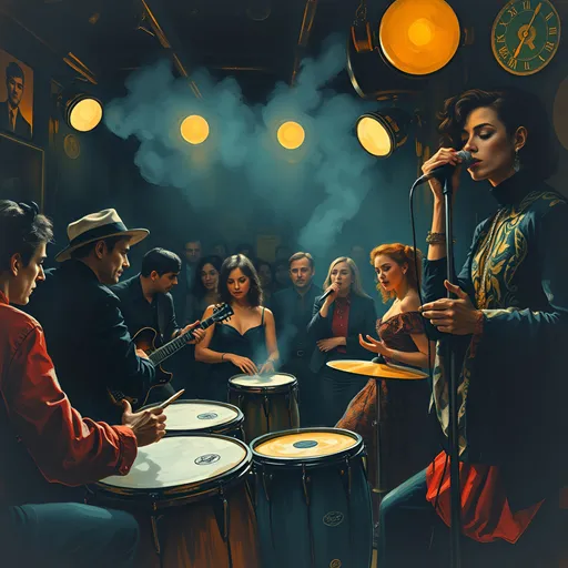 Prompt: (1950s beatnik scene inside dark music club), (abstract impressionistic colored inks), dark shadowy intriguing very smoky exceedingly crowded environment in Greenwich Village, Caucasian musicians passionately playing bongos, women singers captivating the audience, eclectic retro fashion, bohemian style outfits, smoky coffeehouse atmosphere, warm muted lighting, rich textures, energetic and artistic vibe, vibrant color palette, ultra-detailed, highly dynamic composition. Packed music club.