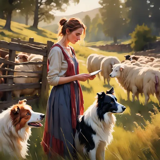 Prompt: <mymodel>Slender, pointy ears, border collie in Scotland, sheep farm, red haired braid hair woman shepherd pointing , fences, border collie herding sheep, highres, detailed fur, emotional, watercolor painting, detailed eyes, rural setting, traditional art, emotional lighting