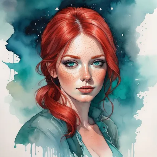 Prompt: American woman with freckles, 35, pale red hair hair, teal eyes, mixed media (watercolor, ink, gouache, colored pencils), extremely detailed painting, cartoony style, fog, blue atmosphere, high quality, detailed, professional, atmospheric lighting
