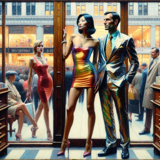 Prompt: "Full length full body thick impasto oil painting art by James Avati , invent a three people slender protagonist,  vibrant character in miniskirt, standing next to men in shiny suits inside department store window busy street background"