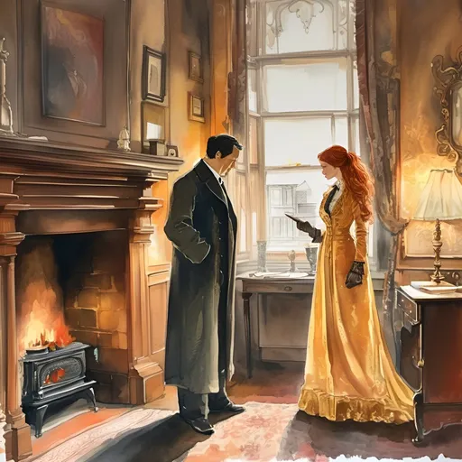 Prompt: Colored ink drawing. Two people, Sherloch Holmes and a woman both wear gloves, stand side by side. Slim woman with long ornate red hair in slim Edwardian dress. Sherlock Holmes stands next to her in study, long robe,  red, gold, yellow,and black tones, standing at fireplace, London street through window, detailed facial features, realistic oil painting, detailed , vintage detective style, warm, moody lighting, classic literature,  detailed robe and fireplace, high quality, realistic, vintage, warm lighting