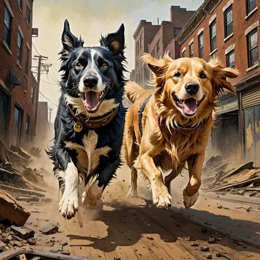 Prompt: Pulp-style action, extreme movement illustration of a pointy ear border collie and golden retriever, saddlebags, battle dogs with singed fur, dirty, distressed, post apocalyptic battle, urban setting, detailed fur with gritty texture, intense and determined gaze, high-quality, vibrant colors, dramatic lighting, vintage pulp art, detailed eyes, rugged urban environment, professional