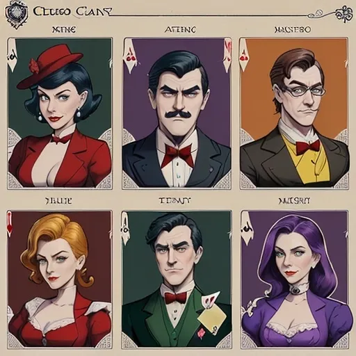 Prompt: (character sheet of Clue characters), (illustrative style), vibrant color palette, whimsical design, playing cards layout, fictional character details, each character portrait prominently displayed, Colonel Mustard in a dapper suit, Professor Plum with a slightly mischievous expression, Miss Scarlet in glamorous attire, Reverend Green looking thoughtful, Mrs. White with a classic yet approachable demeanor, high-quality, dynamic composition, fantasy board game theme.