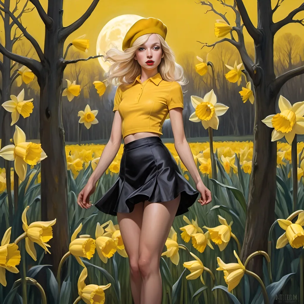 Prompt: a painting of a Caucasian blonde bangs woman in a (very short flared silk miniskirt) (yellow beret) standing in a field of oversized enormous stylized yellow daffodils with a full moon in the background, Artgerm, gothic art, stanley artgerm lau, a detailed painting