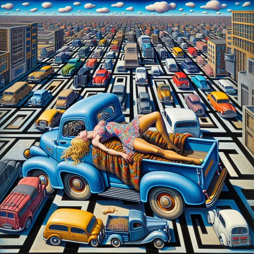 Prompt: Blend the surrealism of Salvador Dalí with the geometric abstraction of Piet Mondrian to depict an aerial view of a blonde woman in a leggy floral minidress lying on a blanket in the back of a pickup. Aerial viewpoint. Use Dalí's soft, drooping forms for a city parking lot  with cars that are liquefying, but render them in Mondrian's characteristic primary colors and black grid lines. The sky should be divided into rectangles of different shades of blue and white, with a few of Dalí's signature  clouds scattered about.