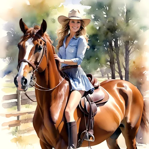 Prompt: <mymodel> riding horse while wearing short flowing cowgirl skirt