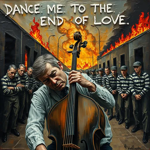 Prompt: thick impasto oil painting of a sad devastated emotional cello player slumped over instrument with a line of forlorn slumping male and female prisoners  in striped uniforms entering buildings on fire in background , thick bumpy paint strokes. Accurately spelled text above him reads: DANCE ME TO THE END OF LOVE