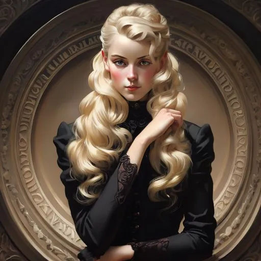 Prompt: Mystery blonde woman in black formal outfit with confidence in the style of leyendecker  , oil painting, 1915 attire, soft and warm lighting, detailed facial features, intricate floral background, high quality, detailed brushwork, classic art style, romantic, detailed clothing, warm tones, atmospheric lighting