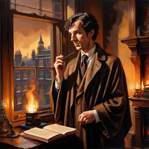 Prompt: Sherlock Holmes in study, long robe, smoking pipe, standing at fireplace, 1980s boombox on mantle, London street through window, detailed facial features, realistic oil painting, vintage detective style, warm, moody lighting, classic literature, 1980s, detailed robe and fireplace, high quality, realistic, vintage, warm lighting