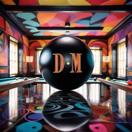 Prompt: (surrealism style), vibrant colors, a black billiard ball with two letters ( D and M) boldlyinscribed on its side, careening across a (M.C. Escher-inspired) pool table, featuring intricate geometric patterns and mind-bending perspectives, dynamic shadows and highlights, creating an illusion of depth, captivating ambiance, (ultra-detailed), emphasizing the contrast of the dark ball against the colorful and complex table design, inviting viewers to explore.