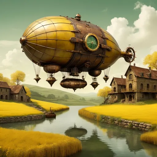 Prompt: Steampunk dirigible half-submerged in a sky of yellow, brown, and green, rural landscape below with surreal stone walls, pasture, and water, detailed metalwork, highres, surreal, steampunk, rustic color tones, detailed landscape, atmospheric lighting