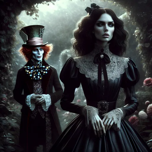 Prompt: High-res, hyper-realistic full body portrait of slender gothic Alice IN WONDERLAND in garden with mad hatter, realistic oil painting, intense and piercing gaze, Victorian-era attire, dark and moody lighting, detailed facial features, enigmatic expression, classic Fantasy style, deep shadows and highlights, brooding atmosphere, professional, Digital Art, portrait, high-functioning sociopath, Victorian, intense gaze, detailed features, moody lighting, enigmatic,, Brooding atmosphere