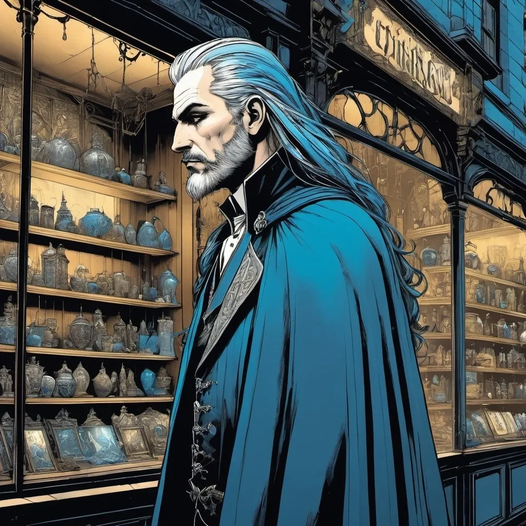 Prompt: Tall Man in cape, seen in profile, long straight blue hair, 30s, ornate shop window, display of magical artifacts,  gothic fantasy, sinister magic, blue and gold tones, intense gaze, detailed facial features, eerie lighting, highres, gothic fantasy, magical, sinister, detailed, professional, intense atmosphere