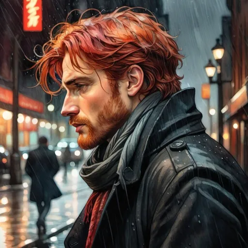 Prompt: Mixed media, red  and black tones, watercolor and colored pencils.   Unkempt red hair man in profile, 30s, distressed coat and scarf, standing in a rushing rain-flooded street at night, intense sadness, tearful emotions, high quality, dark and gritty, realistic style, moody lighting, high contrast, water setting, detailed facial expression, dramatic pose, distressed suit, scarf, city lights casting a somber glow, intense emotions, realistic, urban, detailed facial expression, highres, moody lighting, dramatic pose