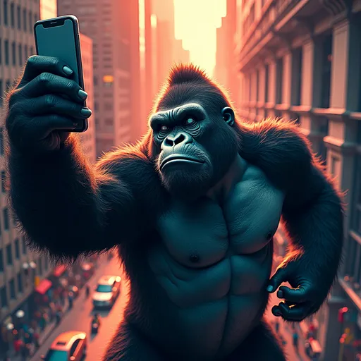 Prompt: (accurately spelled text "king kong"), (King Kong) hanging from a building holding a large cellphone, doing a selfie , bustling city backdrop, dynamic urban scene, modern design, (Chris LaBrooy) style, clean typography, vibrant colors, high contrast, contemporary art, visually striking composition of cellphone, dramatic lighting, cinematic atmosphere, 4K detail, captivating poster art.