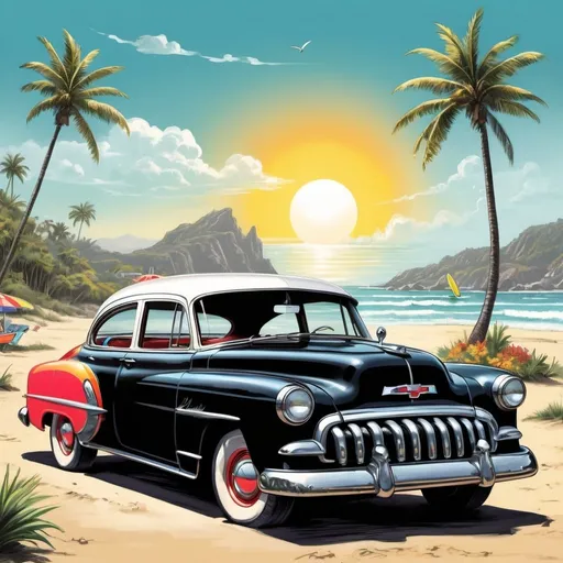 Prompt: Vintage comic illustration of a black 1952 black and white Chevy, colorful surfboard on top, retro-style, vibrant colors, detailed vintage car, classic comic style, large and colorful surfboard, sunny beach setting, dynamic action, old-school vibes, vintage, detailed artwork, vibrant colors, professional, highres, retro, sunny lighting