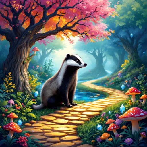 Prompt: A vibrant, enchanting forest scene unfolds, where a striking badger stands prominently on a winding path made of golden stones. The surrounding environment is filled with colorful, whimsical trees, their branches draped with an array of brilliant hues, while a serene stream glimmers in the background. Lush greenery carpets the ground, dotted with fantastical mushrooms and glistening crystals that add a magical touch to the landscape. The light filtering through the canopy casts a warm, dreamlike glow, enhancing the image's whimsical feel and evoking a sense of wonder and tranquility in this fantastical woodland realm.