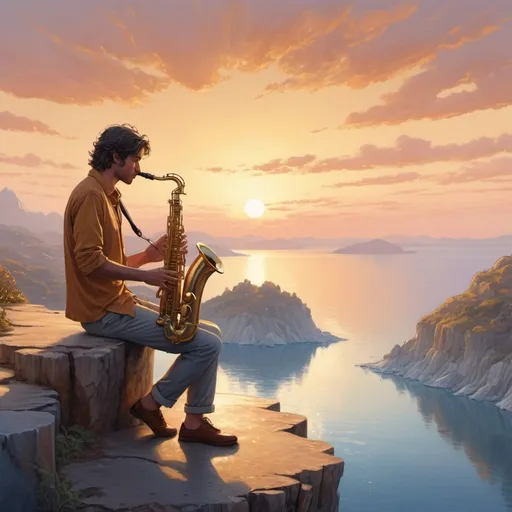 Prompt: (heart-shaped island), golden hues, (icy frosting layered), craggy textures, man playing saxophone, gazing at (hazy sunset), dreamy atmosphere, (Style of Milo Manara), (ArtStation aesthetics), vibrant sunset colors reflecting on golden surfaces, high detail, (perspective foreshortening) creating depth, serene and romantic vibe, ultra-detailed, high quality.