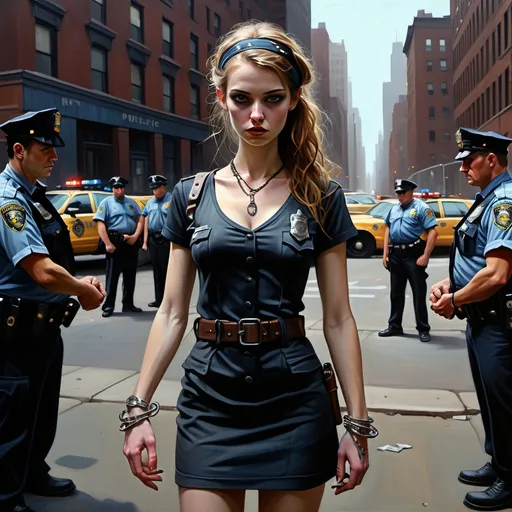 Prompt: A slender policewoman in uniform handcuffs a pretty Drunken small breasted slender Caucasian messy light brown blue eyed headband woman, 25, lots of bracelets and necklaces, gothic minidress in front of a NYC police station ,  oil painting, desolate surroundings, gritty noir realism in the style of Robert Maguire , dark and somber tones, dramatic lighting, ultra-detailed, emotive, expressive faces, noir reflective lighting, oil painting, desolate, gritty, dramatic lighting, somber tones, expressive faces