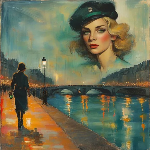 Prompt: (Abstract impressionistic colored ink drawing ), vibrant color scheme, (1941  Paris), shadowy streets at night with German tank in distance , soldiers in background, tattered French flag, portrait of a wavy blonde green eyed woman in fashionable boots drunkenly walking along the Seine river with a bottle of wine  (highly detailed facial features) search lights streaking through a tumultuous sky, vivid explosions lighting the dark atmosphere, bombed and ruined structures surrounding the scene, (dramatic), chaotic ambiance, high contrast between shadow and colorful explosions, (ultra-detailed), evocative imagery, sense of urgency and dread.