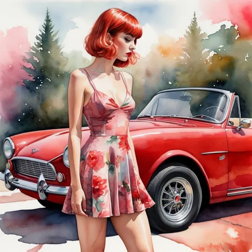 Prompt: Watercolor, gauche, mixed media, surreal, slender curious 27-year-old Caucasian woman, standing in profile, looking downward, classic car show, very short flared floral minidress, skin color tights, cute red-pink bangs, classic car, surreal setting, dreamlike atmosphere, vibrant colors, detailed features, highres, artistic, elegant, natural lighting