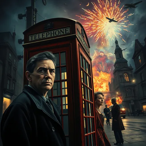 Prompt: (surrealism style mid waist portrait ), vibrant color scheme, (1941 London), shadowy streets at night, closeup portrait of a man and two women (highly detailed facial features) outside a vintage English phone box, search lights streaking through a tumultuous sky, vivid explosions lighting the dark atmosphere, bombed and ruined structures surrounding the scene, (dramatic), chaotic ambiance, high contrast between shadow and colorful explosions, (ultra-detailed), evocative imagery, sense of urgency and dread.