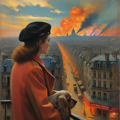 Prompt: (surrealism style portrait ), vibrant color scheme, (1941  Paris), shadowy streets at night with German tank in distance , soldiers in background, tattered French flag, Bombed broken car, portrait of a woman holding dog on balcony (highly detailed facial features) outside a cafe, search lights streaking through a tumultuous sky, vivid explosions lighting the dark atmosphere, bombed and ruined structures surrounding the scene, (dramatic), chaotic ambiance, high contrast between shadow and colorful explosions, (ultra-detailed), evocative imagery, sense of urgency and dread.