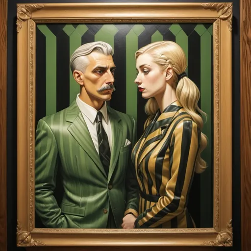 Prompt: (Art deco style), a captivating (full body) scene featuring (a sad man in a striped suit ) of M.C. Escher-inspired optical illusion, and a beautiful sad Caucasian woman with (long golden side-ponytail blonde hair) stares at a (framed oil painting of a man). Green and black and gold tones, (woman wearing a very short pleated skirt suit with gloves) in an ornate museum (cool color scheme), emotional man and woman, intricate and flowing patterns, delicate curves, reminiscent of Milo Manara's art, high detail, enchanting atmosphere, silver light illuminating the soft textures, serene but visually complex background, ultra-detailed masterpiece.