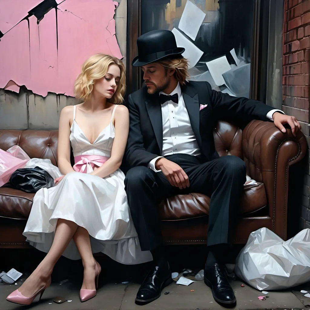 Prompt: A close up view of a lonely homeless man in tattered suit and bowler hat and a Drunken blonde female who looks like Evan Rachel wood dressed in a ridiculous puffy white party dress with a pink sash. They are sitting in torn and distressed sofa chairs, by a broken shattered TV and other trash, in a back alley, oil painting, desolate surroundings, gritty realism, dark and somber tones, dramatic lighting, ultra-detailed, emotive, expressive faces, urban trash filled alley, reflective lighting, oil painting, desolate, gritty, dramatic lighting, somber tones, expressive faces